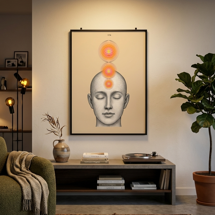 A framed wall art print hangs above a low console table in a styled living room. The artwork shows a grayscale human head with three glowing orange circular energy-like circles above it on a warm cream background.